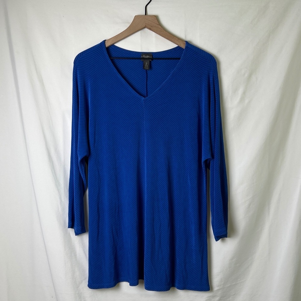 Travelers by Chico's Women V-Neck Ribbed Tunic Top Size 2/L Royal Blue Casual